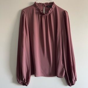 SHEIN Clasi Frilled Neck Keyhole Back Lantern Sleeve Top in Dusty Pink